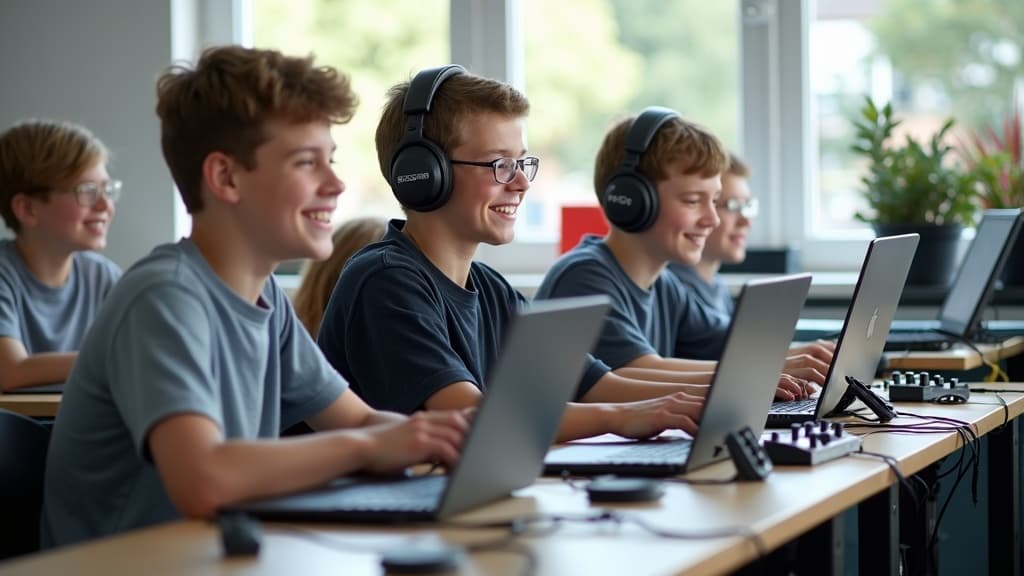 Students making music production in a bright classroom