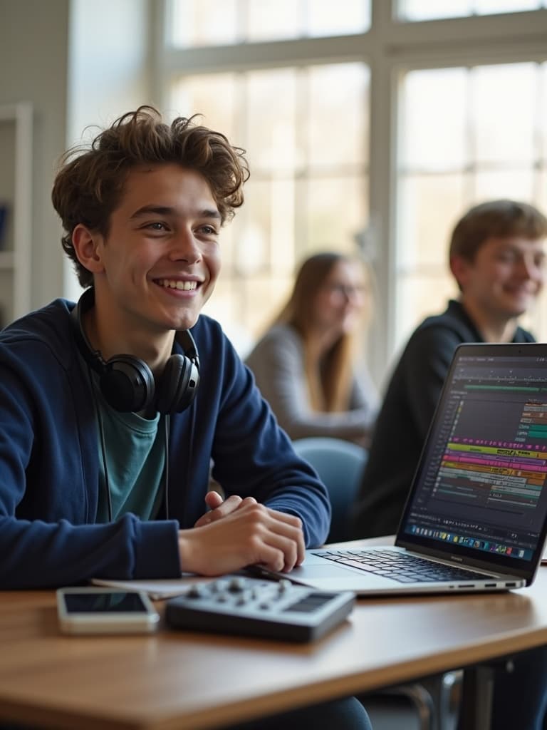 A teenage student learning music production in a bright modern classroom