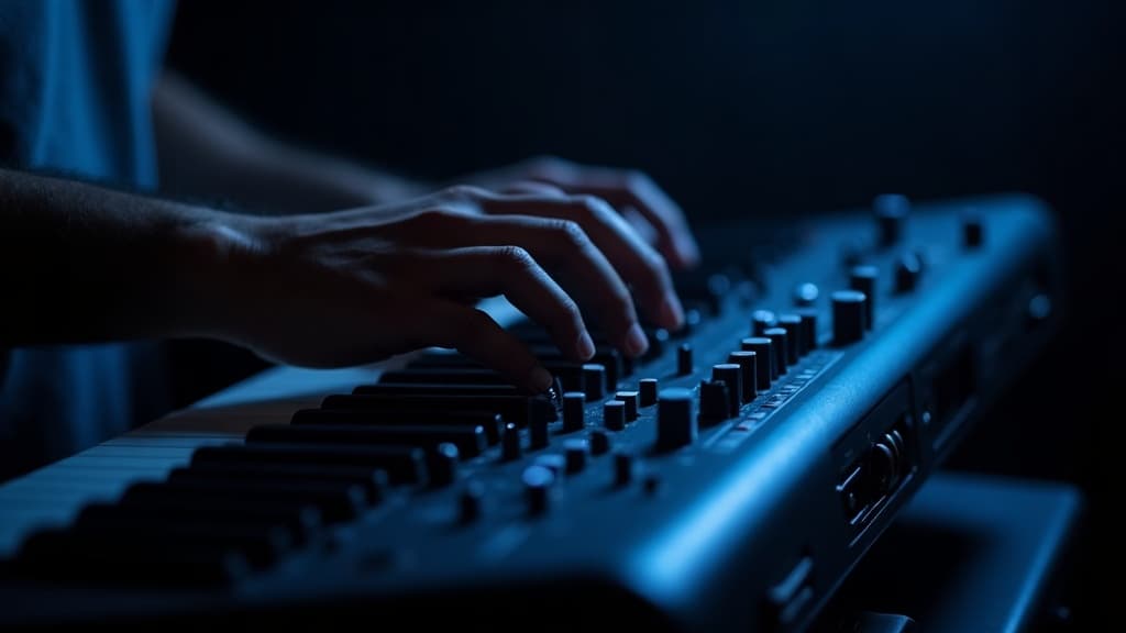 Music production mood: a keyboard and studio gear